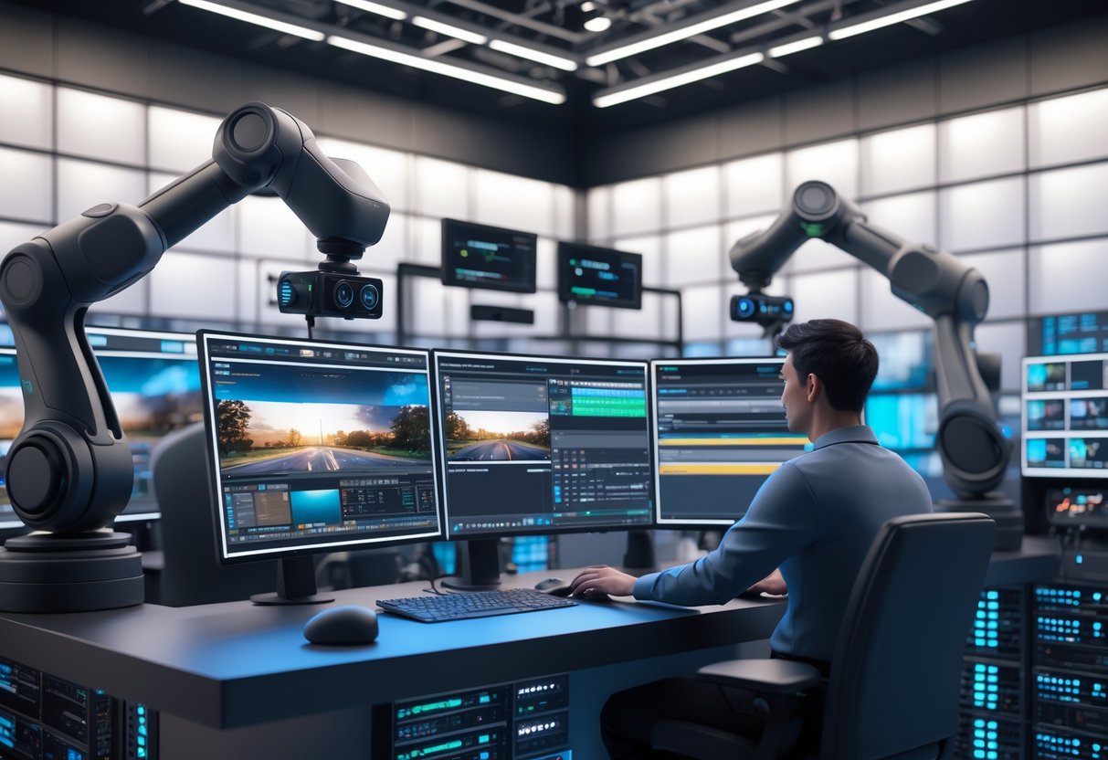A live streaming control room with multiple monitors, robotic cameras, and a technician operating camera controls in a professional studio environment.