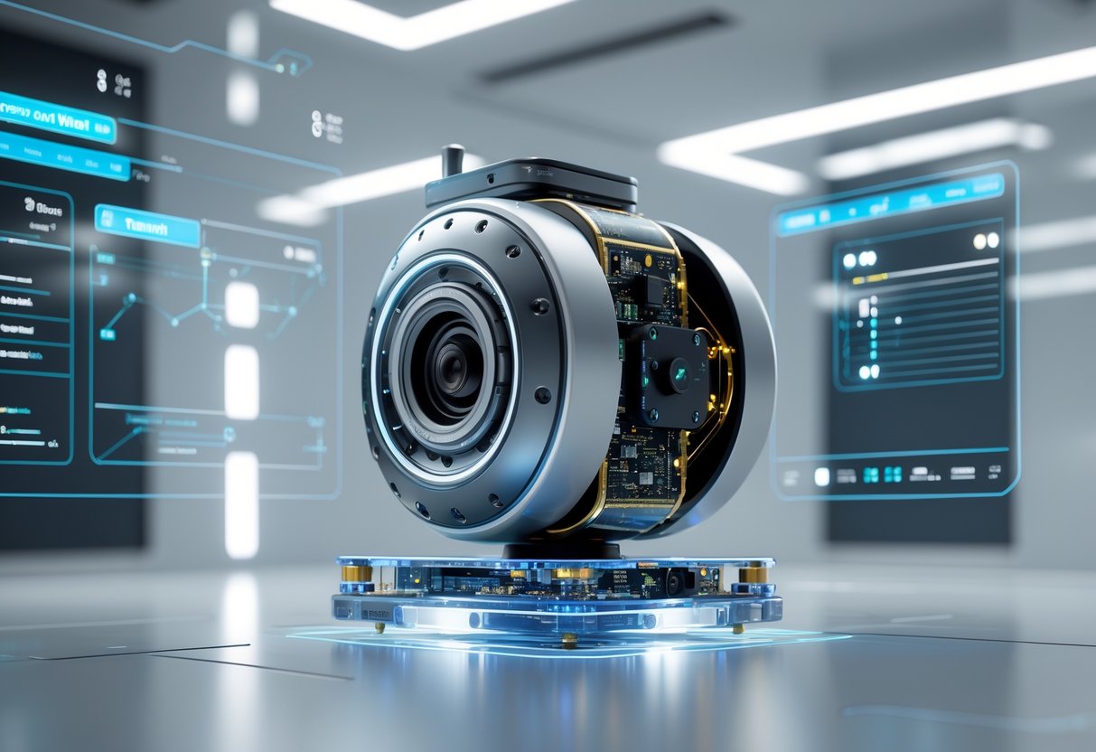 A futuristic caster wheel with an integrated camera, surrounded by holographic displays in a high-tech control room.