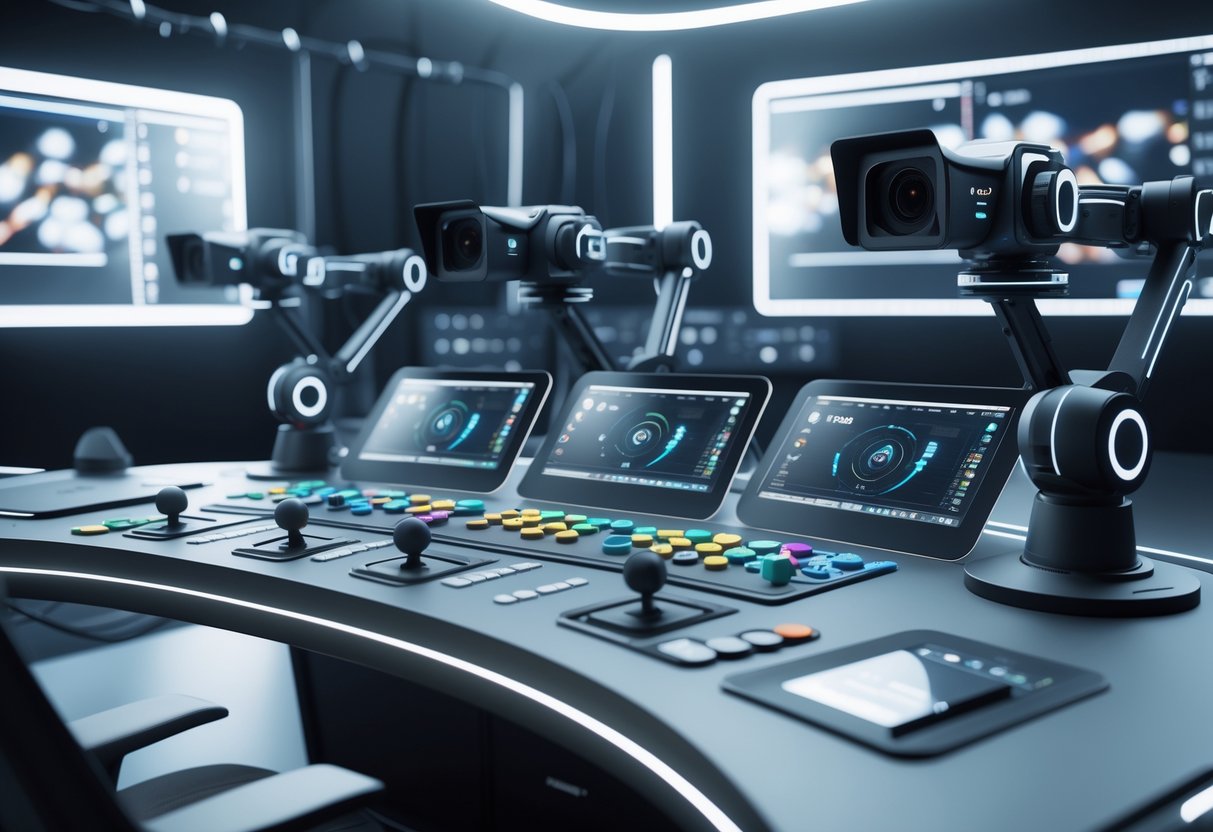 A 3D scene showing a camera control desk with joysticks and screens, surrounded by robotic cameras in a dimly lit studio.