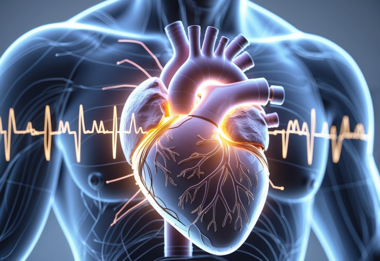 3D view of a human chest showing the heart with pacemaker leads inserted and electrical impulses radiating from the heart.