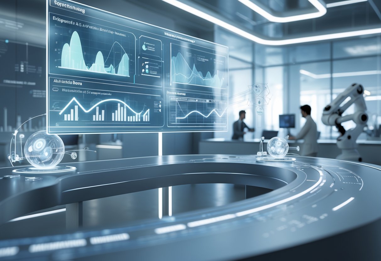A futuristic research laboratory with holographic displays showing graphs and timelines, advanced technology, and researchers working together.