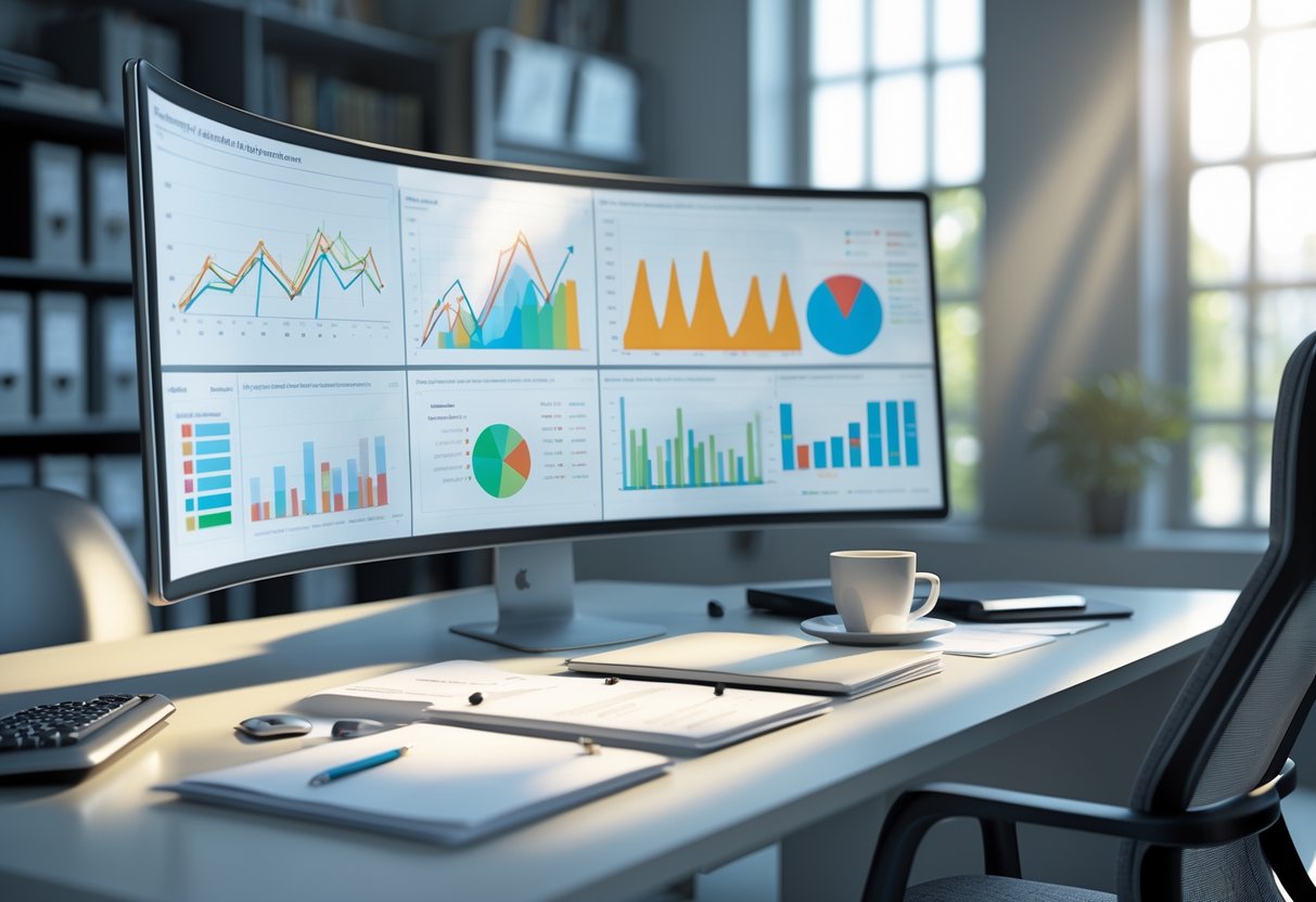 A modern office desk with a curved monitor showing data charts, a laptop, documents, and a coffee cup, set in a tidy workspace with natural light.