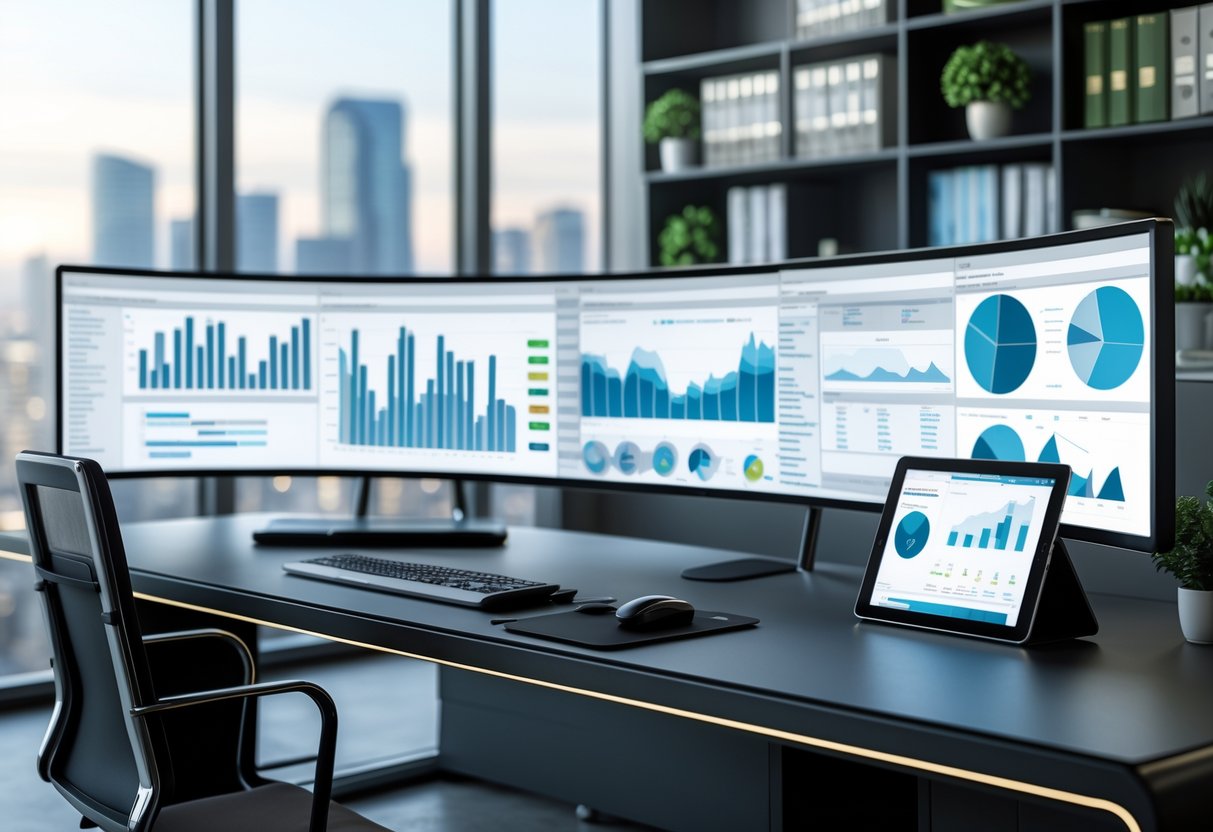 A professional analyst's desk with multiple monitors displaying data charts, a keyboard, mouse, tablet, shelves with books, and a window showing a city view.