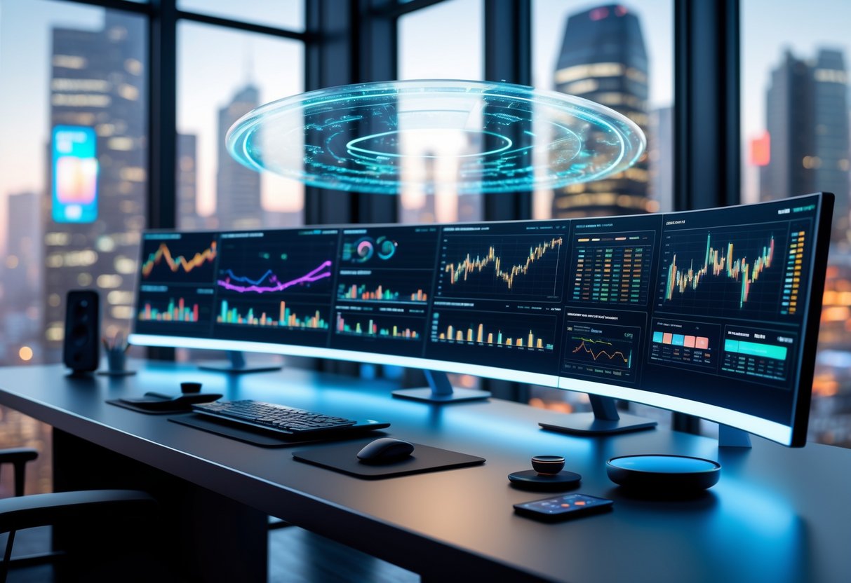 An analyst's desk with multiple curved monitors showing data, a holographic interface above the desk, and a cityscape visible through a large window behind.