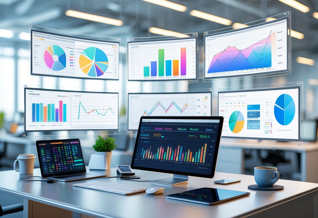 A modern office desk with multiple transparent digital screens showing colourful data charts and graphs, alongside a laptop and tablet, in a bright office space.