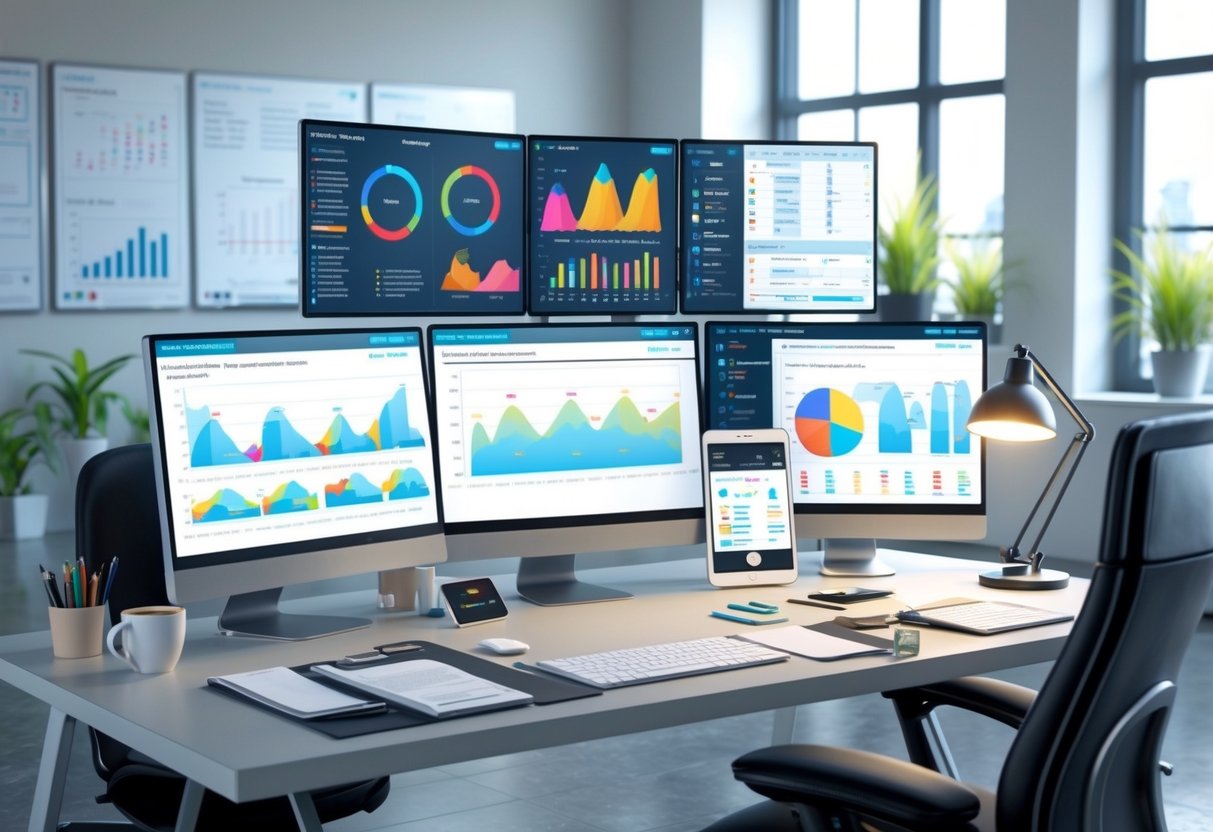 An organised analyst's desk with multiple screens showing colourful data charts and graphs, digital devices, printed reports, and office items in a bright professional setting.