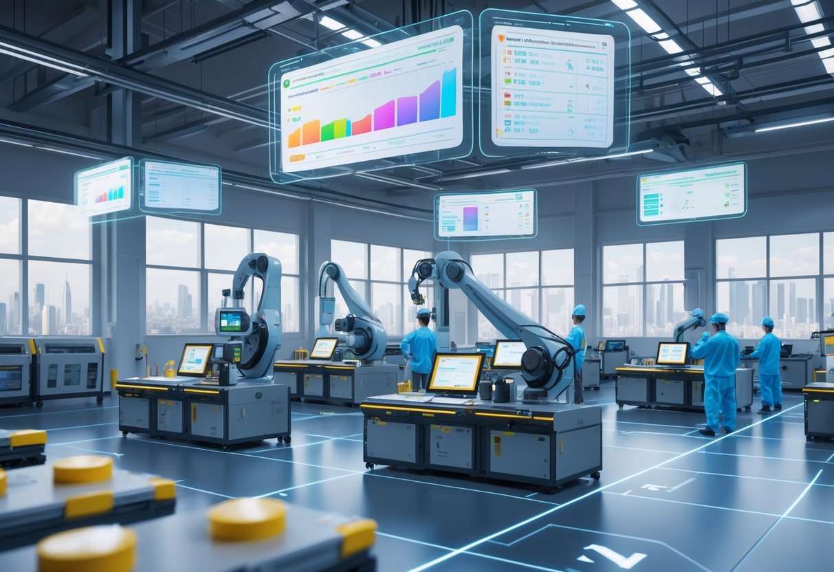 A modern factory floor with robotic arms and workers monitoring production using digital displays, highlighting quality control in manufacturing.
