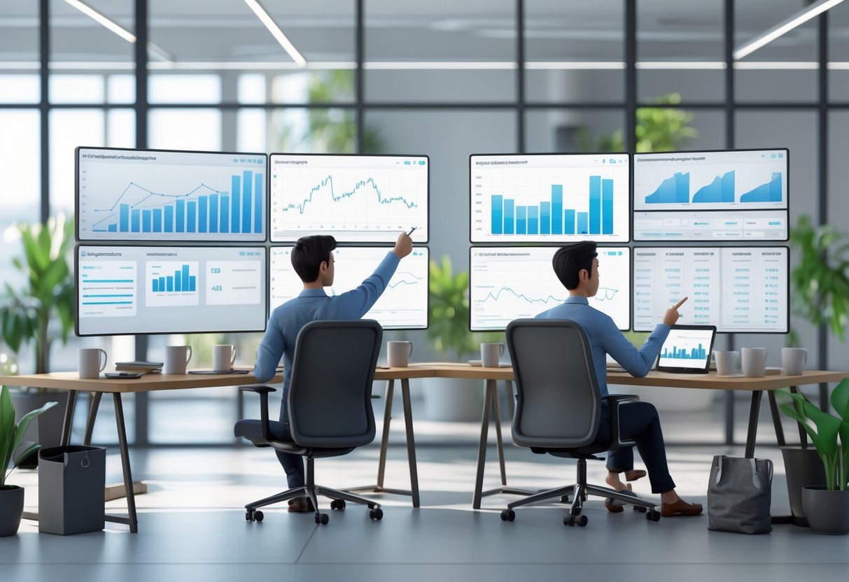 Two analysts working together at adjacent desks with multiple screens showing financial and sales data in a bright office.
