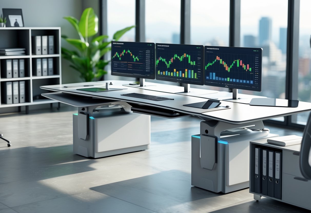A modern office desk setup with multiple monitors showing financial data, ergonomic chair, organised shelves, and a window overlooking a city.