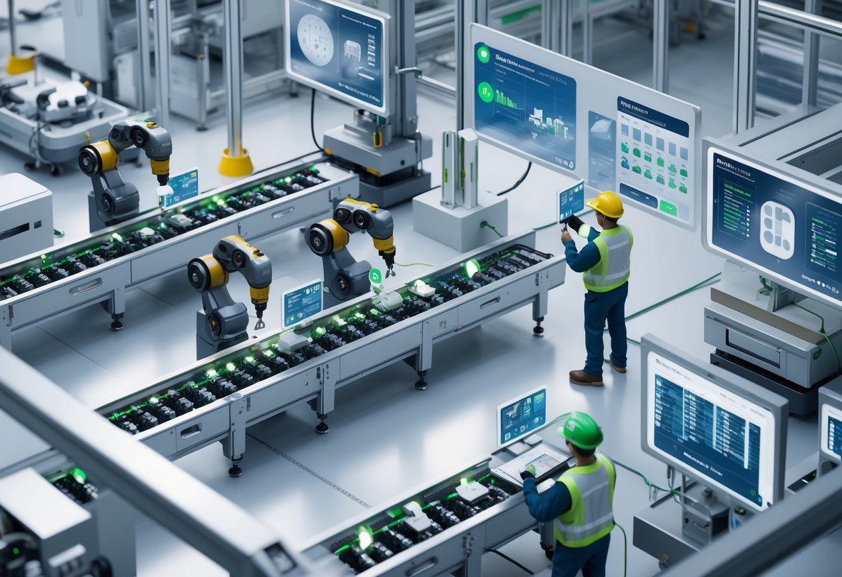 A factory floor with robotic arms assembling products and workers inspecting items using digital devices, showing a high-tech production environment focused on quality control.