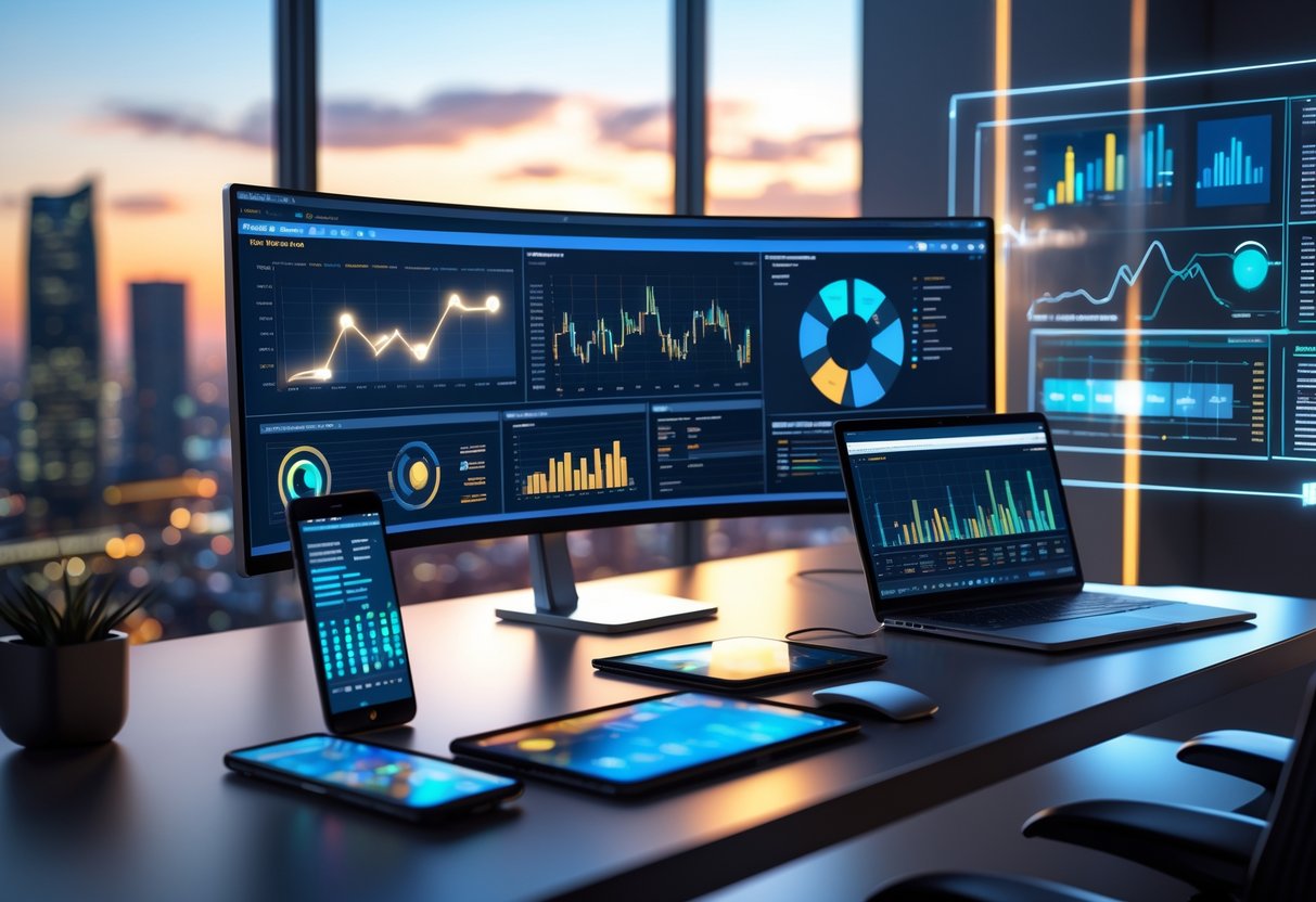 A modern office desk with multiple screens and devices showing data and charts, overlooking a city skyline at dusk.