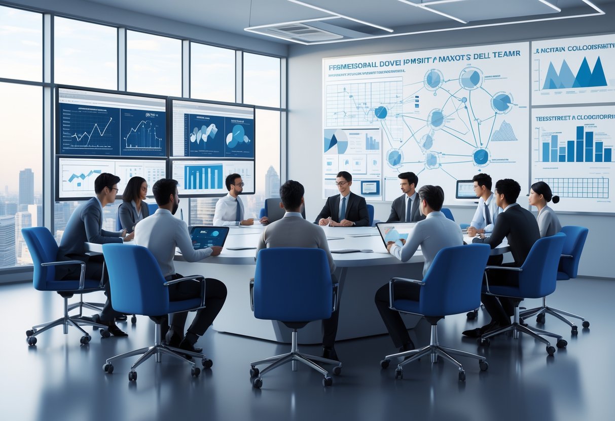 A group of analysts around a conference table in a modern office, discussing data on multiple screens and a digital whiteboard.