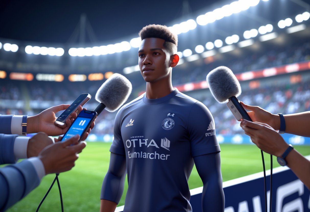 A professional athlete being interviewed by reporters holding microphones and recording devices in a stadium press area after a match.