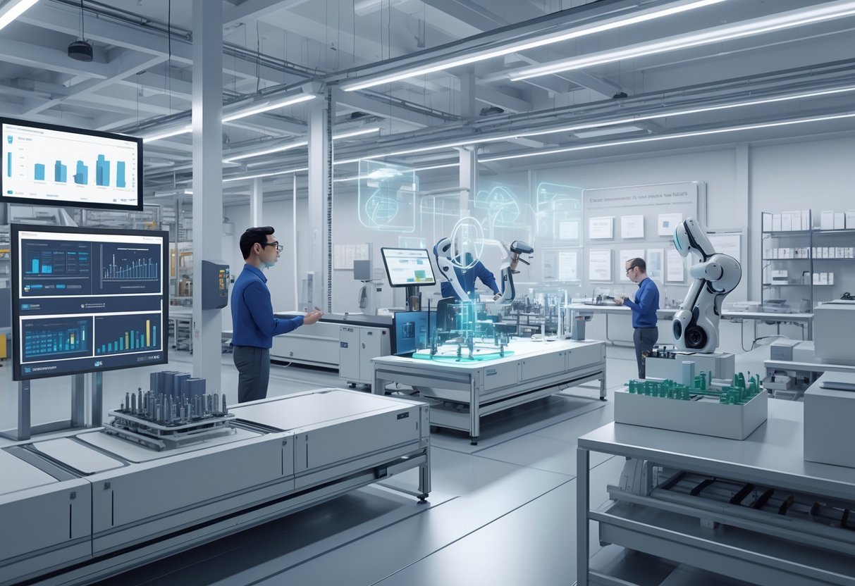 A factory floor with machines and robots assembling products while engineers inspect quality controls and digital displays.