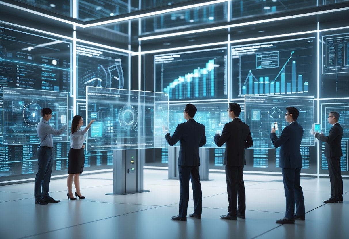 A control room with professionals examining holographic data and digital screens showing quality and compliance metrics, surrounded by advanced technology equipment.