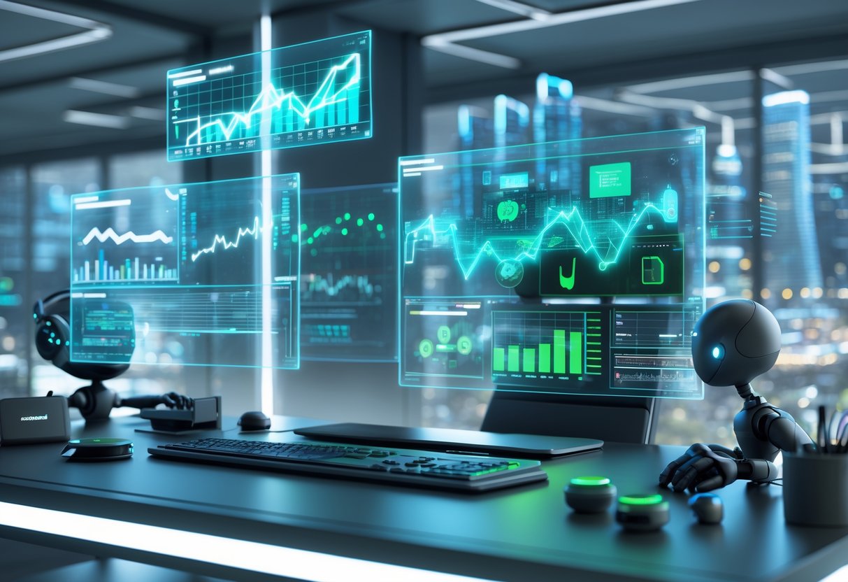 A futuristic office desk with holographic data displays, digital graphs, and advanced technology in a modern cityscape background.