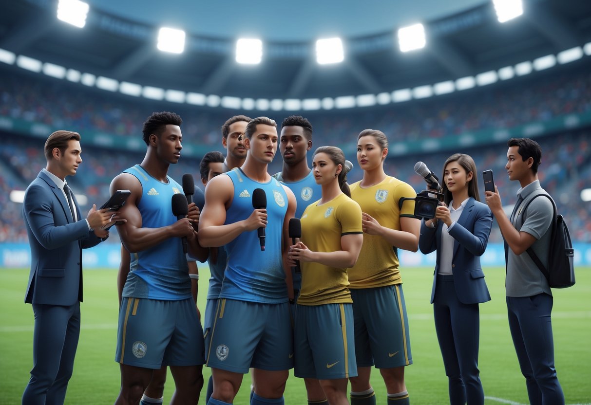 Athletes being interviewed by journalists on a sports field after a match, with young applicants watching nearby in a stadium setting.