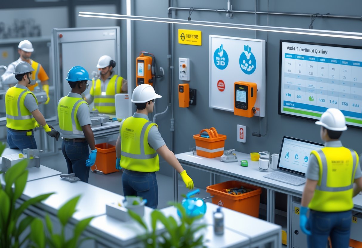 A modern industrial workspace with diverse workers wearing safety gear, organised equipment, safety signs, and environmental elements representing health, safety, and social responsibility.