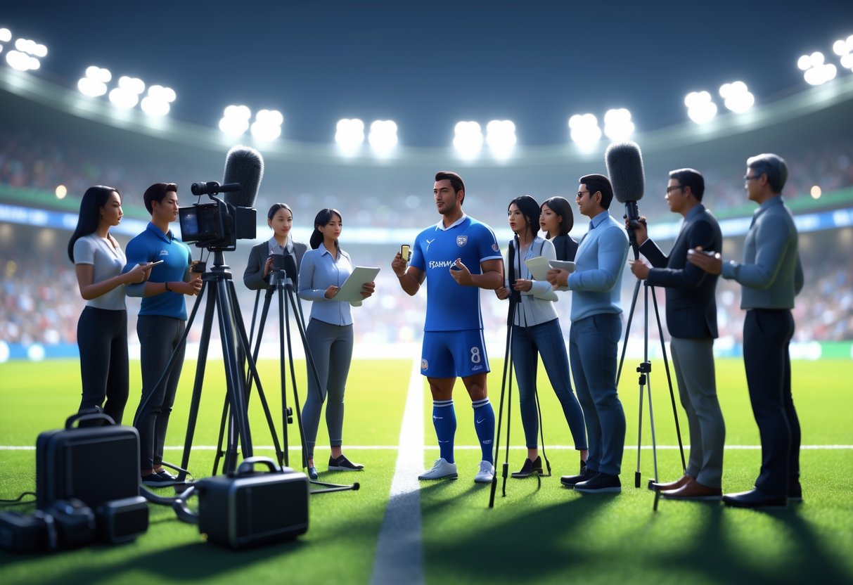 A sports player giving a post-match interview to reporters and camera operators on a stadium field.
