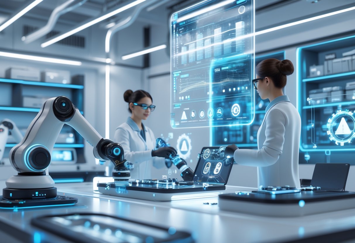 A futuristic laboratory with advanced machinery and engineers working on high-tech components, surrounded by digital displays showing quality data.