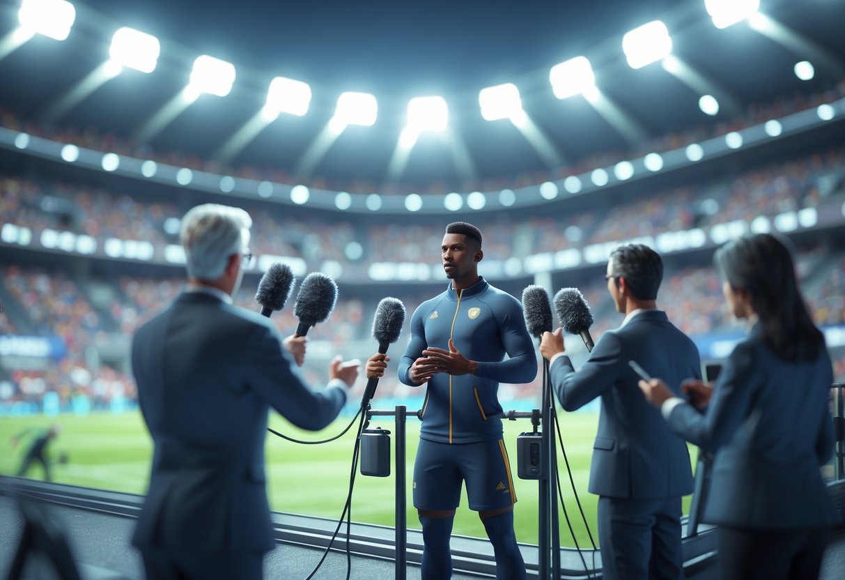 An athlete giving a post-match interview to reporters in a busy stadium with fans in the background.