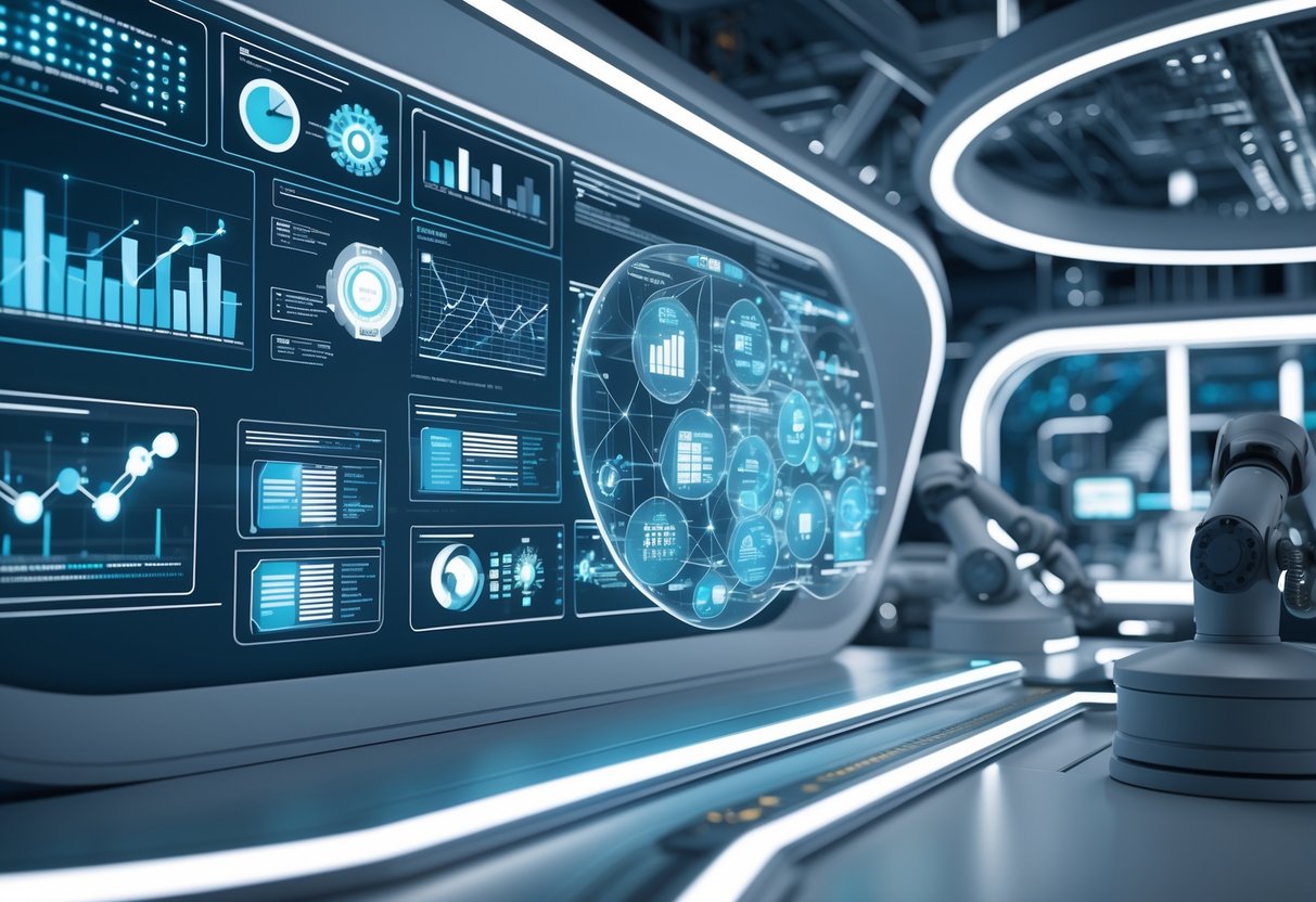 A futuristic control room with holographic charts and automated machinery demonstrating the harmonisation and updating of production quality standards.