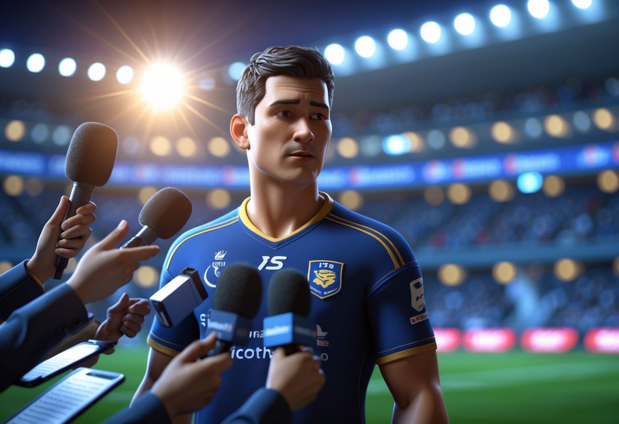An athlete in team uniform stands under bright stadium lights facing multiple microphones held by reporters during a post-match interview.