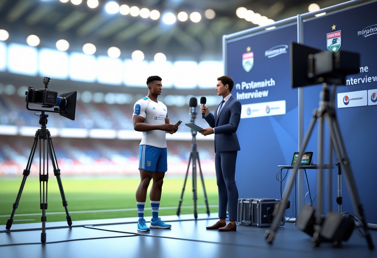 An athlete being interviewed by a reporter near a sports stadium with cameras and lights around them.
