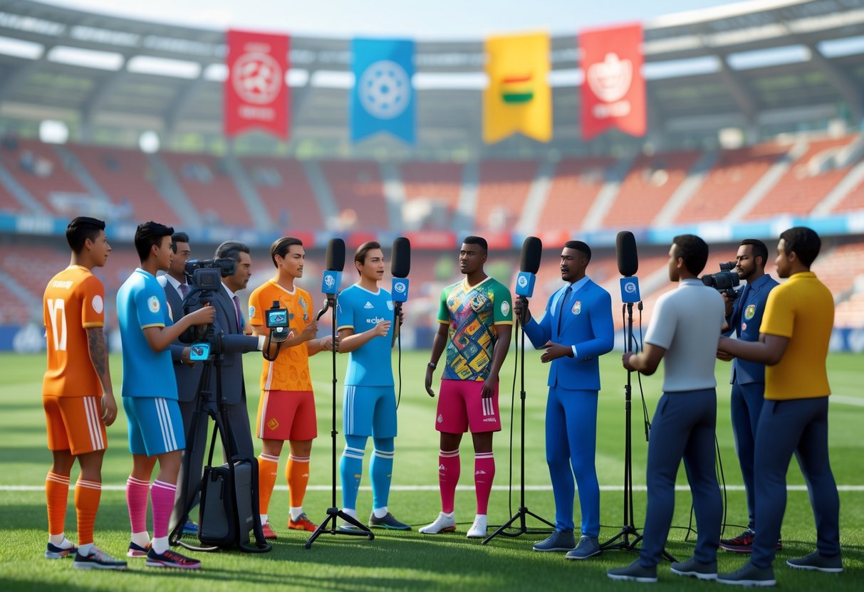 A lively outdoor sports stadium showing athletes and journalists from different cultures conducting post-match interviews in distinct regional settings.