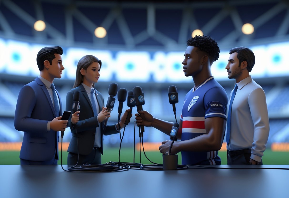 An athlete calmly answering questions from journalists holding microphones in a stadium mixed zone after a match.