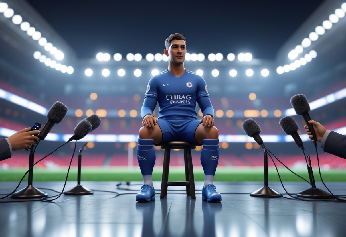 A sports player sitting on a stool surrounded by microphones during a post-match interview in a stadium setting.
