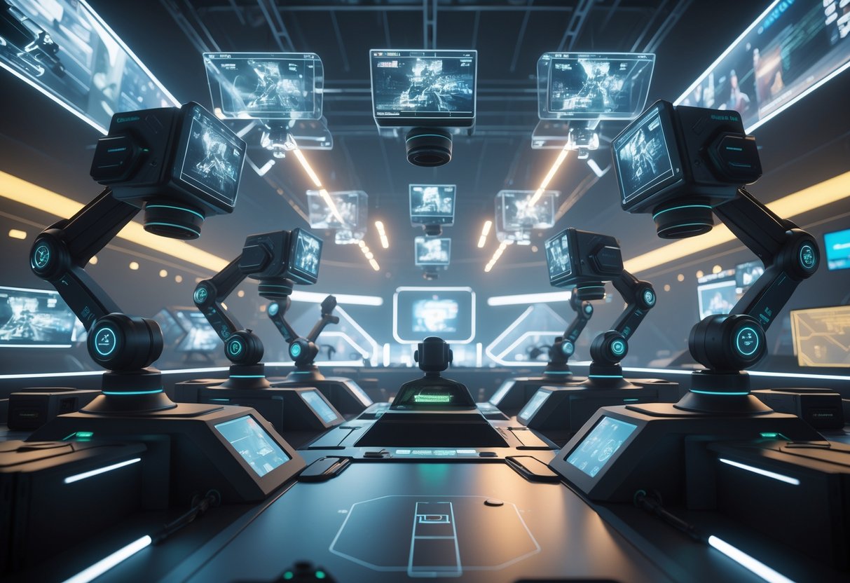 A control room with multiple cameras positioned around a gaming arena, showing players in a match with holographic screens displaying camera angles and player information.
