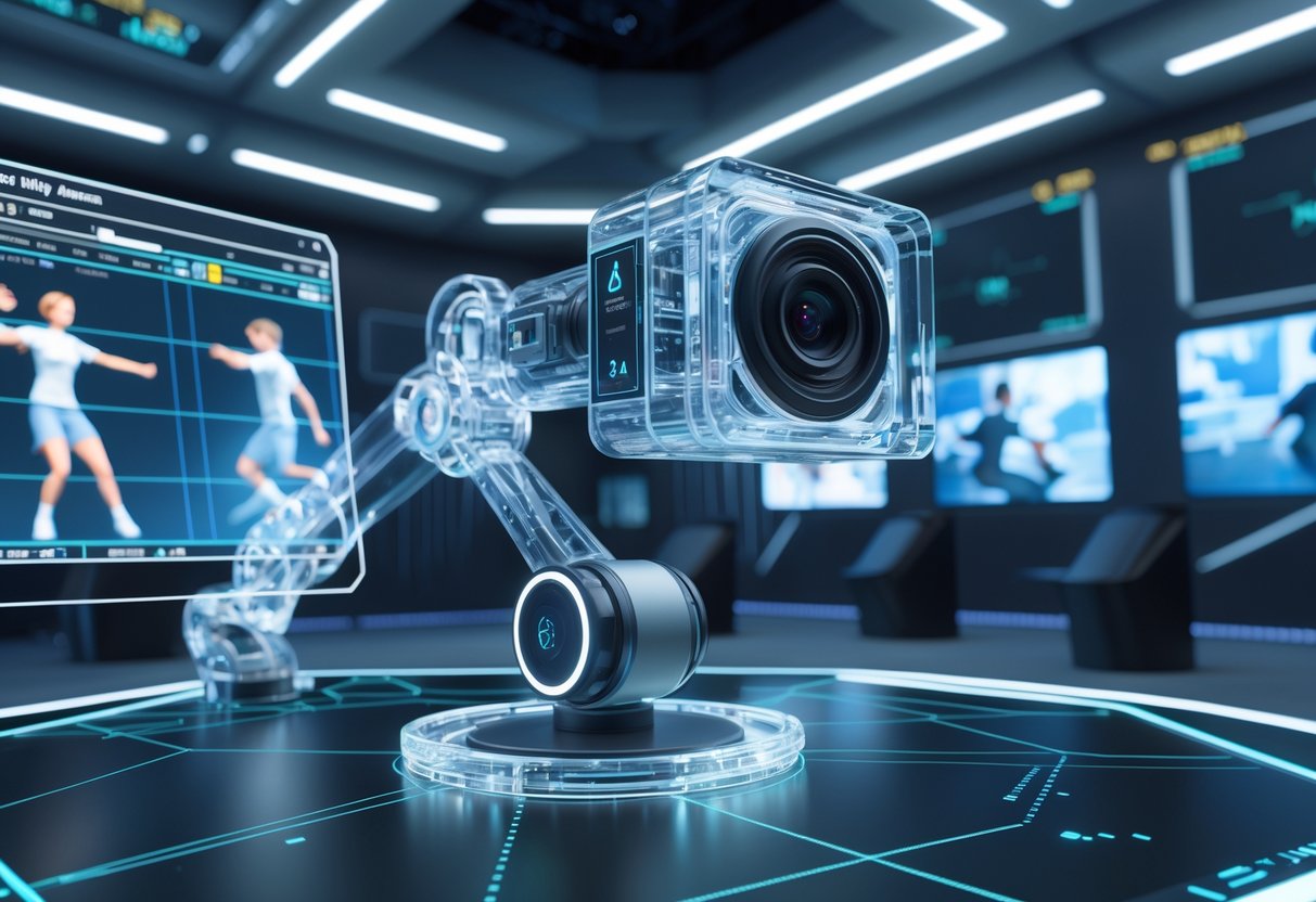 A 3D scene showing a futuristic player camera mounted on a robotic arm with holographic displays and digital data in a high-tech control room.