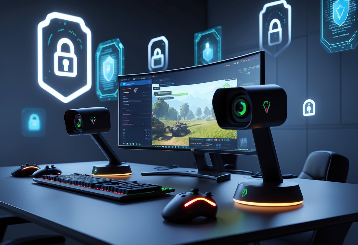 A gaming setup with multiple player cameras and digital privacy symbols highlighting safety and privacy in a secure environment.