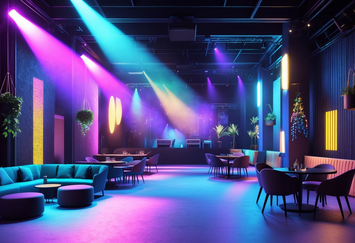 Interior of a lively venue with colourful lighting, modern furniture, decorative plants, a stage, and sound equipment creating an inviting atmosphere.