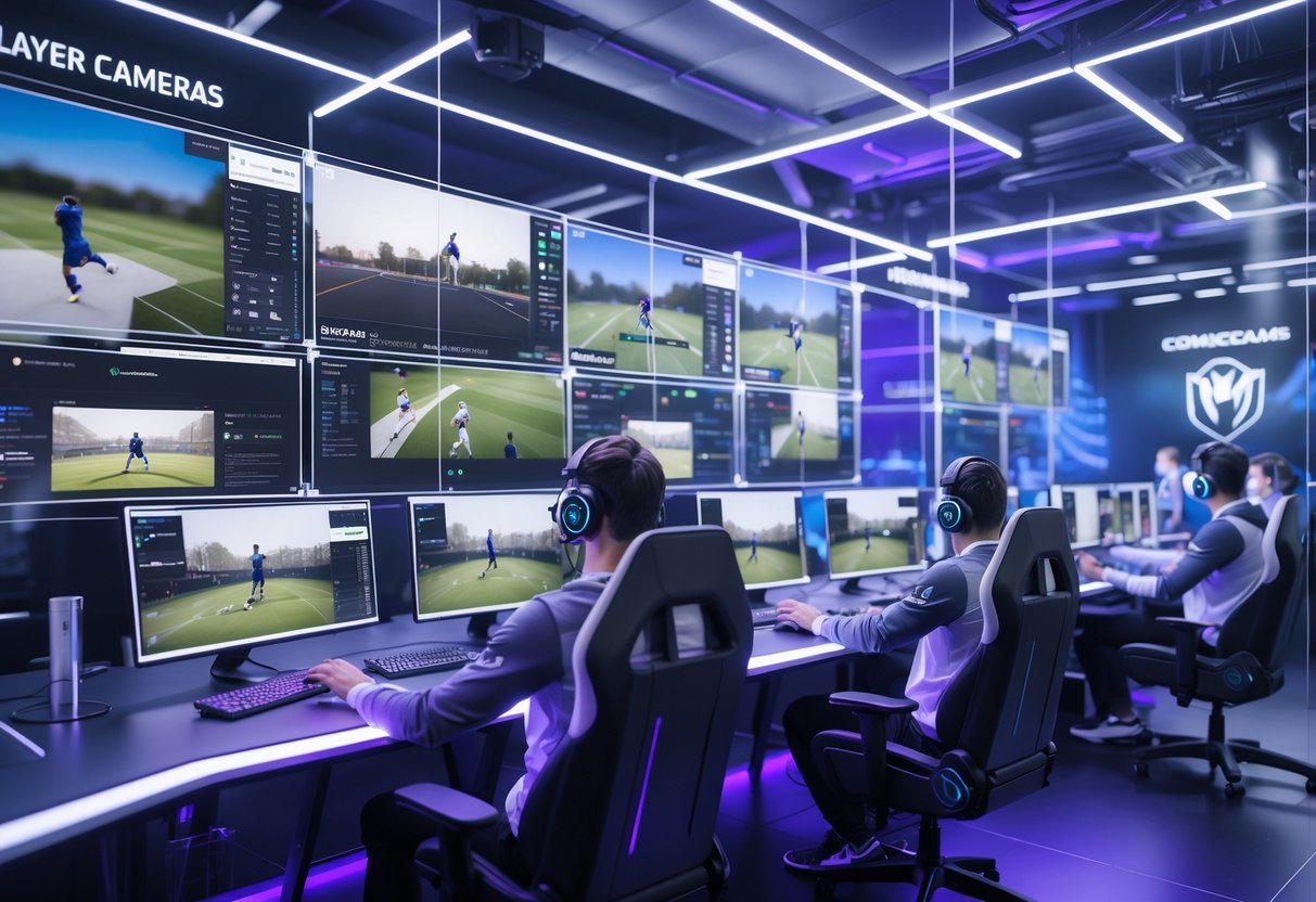 A room with coaches and analysts watching multiple live video feeds of gamers playing, surrounded by large transparent screens showing performance data and player footage.