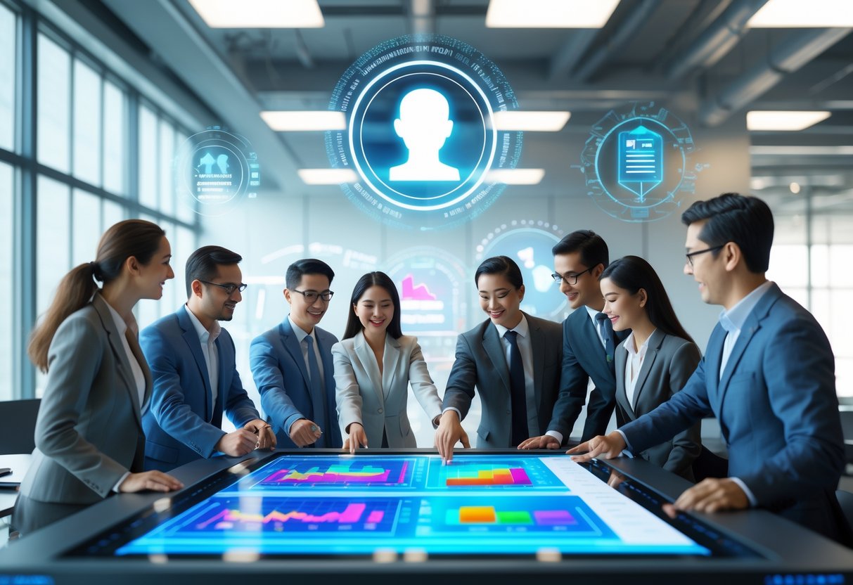 A group of diverse people collaborating around a digital touchscreen table showing charts and graphs in a modern office setting.