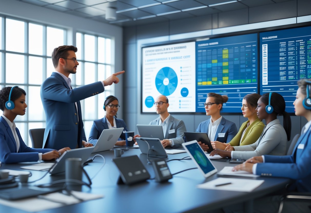 A team in a conference room receiving a briefing and training before a show, with a leader explaining information on a large screen and team members listening attentively.