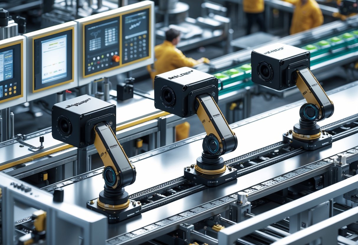 A 3D scene of a busy industrial production floor with machinery, conveyor belts, and multiple cameras monitoring the operation.