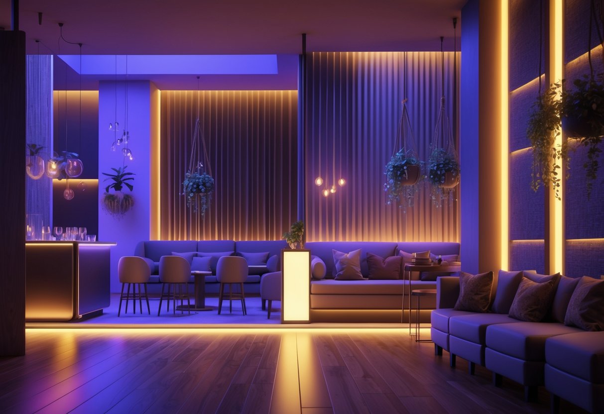 Interior of a warmly lit venue with cosy seating, a bar area, and soft coloured lights creating a calm and inviting atmosphere.