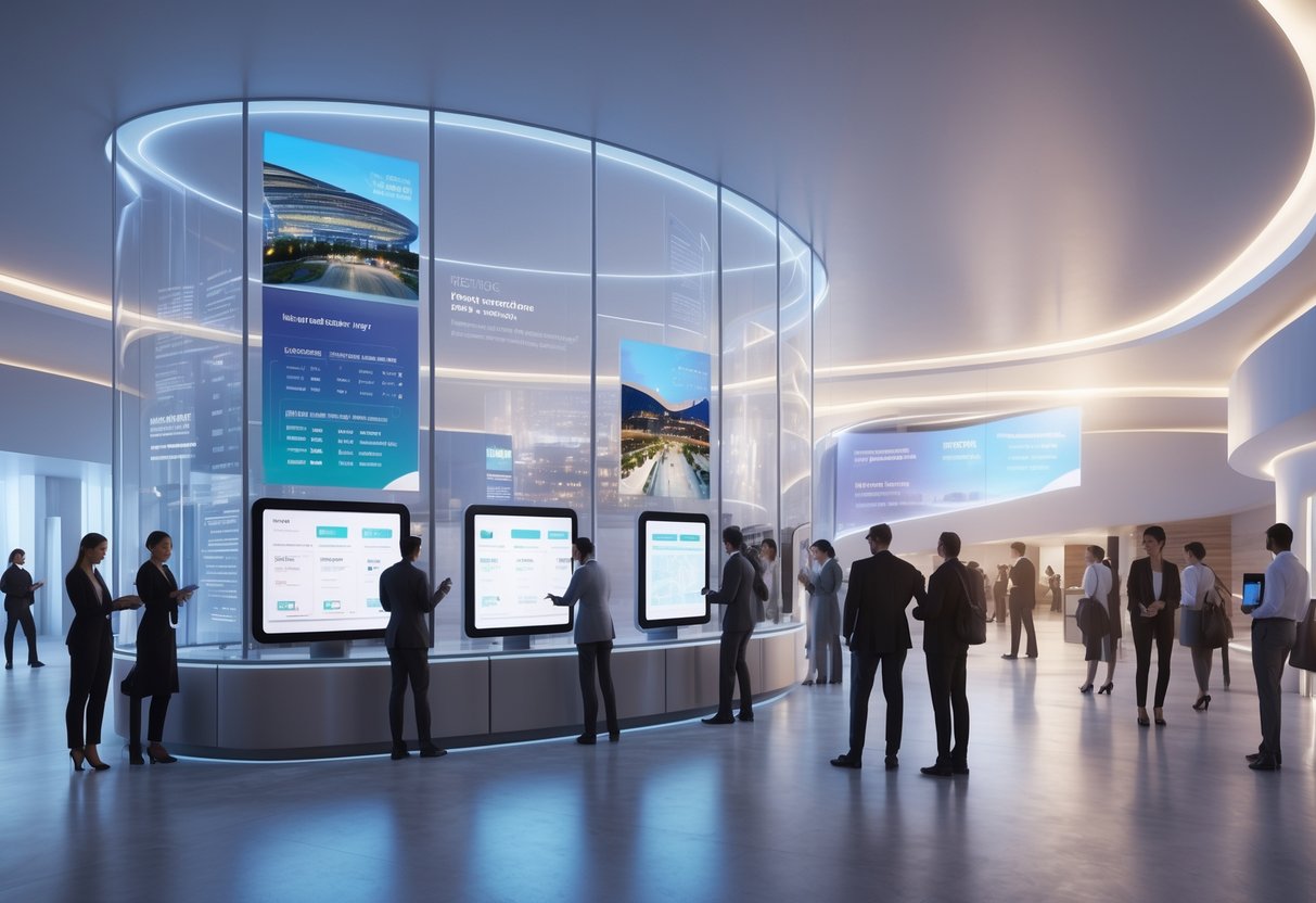 A busy event venue lobby with people interacting with digital displays and staff helping guests before a show.