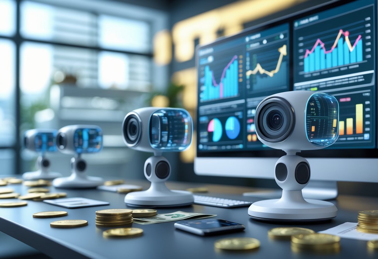 A modern workspace with digital screens showing financial data and holographic cameras positioned around the desk, representing investment and cost monitoring.