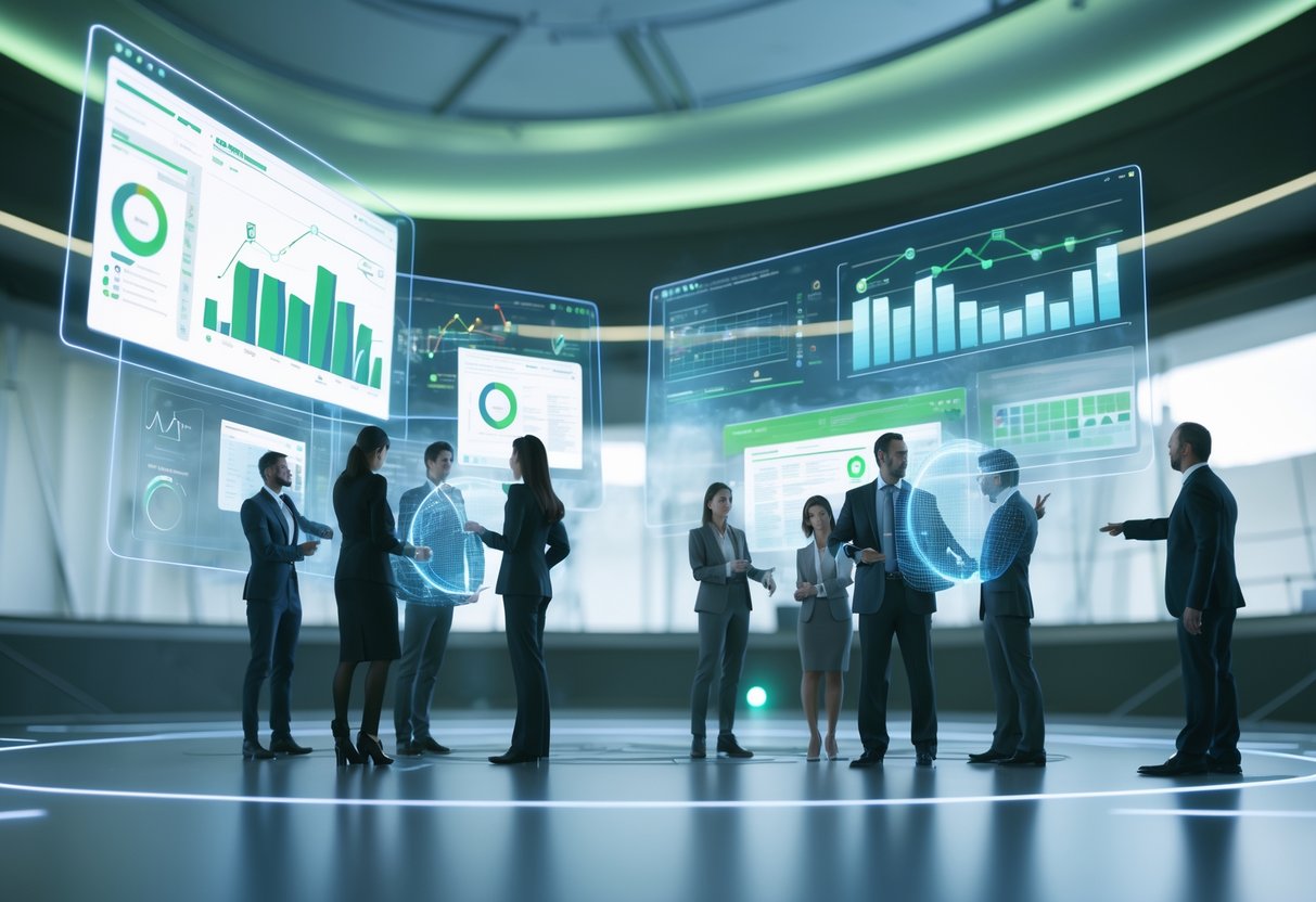 A group of professionals analysing digital charts and graphs in a futuristic control room preparing for an event.