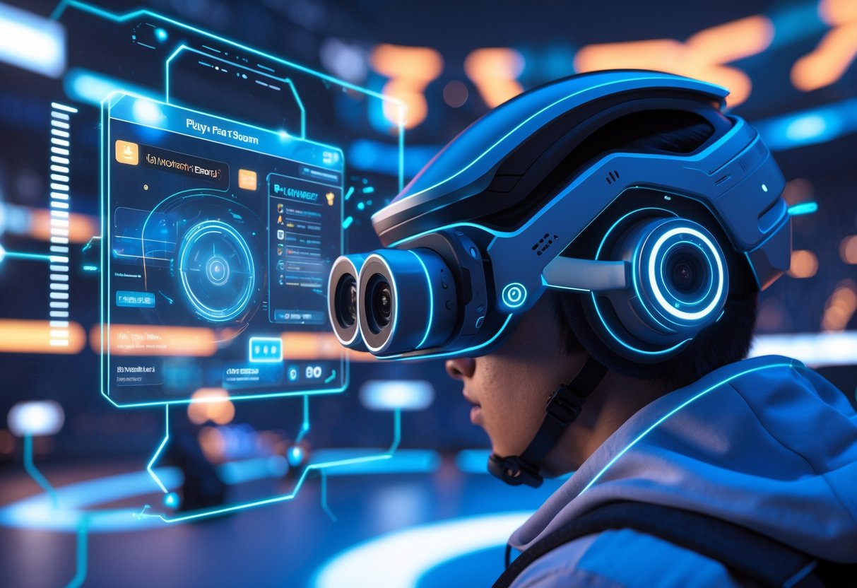 A futuristic player wearing a high-tech helmet with multiple camera lenses and sensors, surrounded by holographic displays showing live camera feeds and data in a vibrant esports arena.