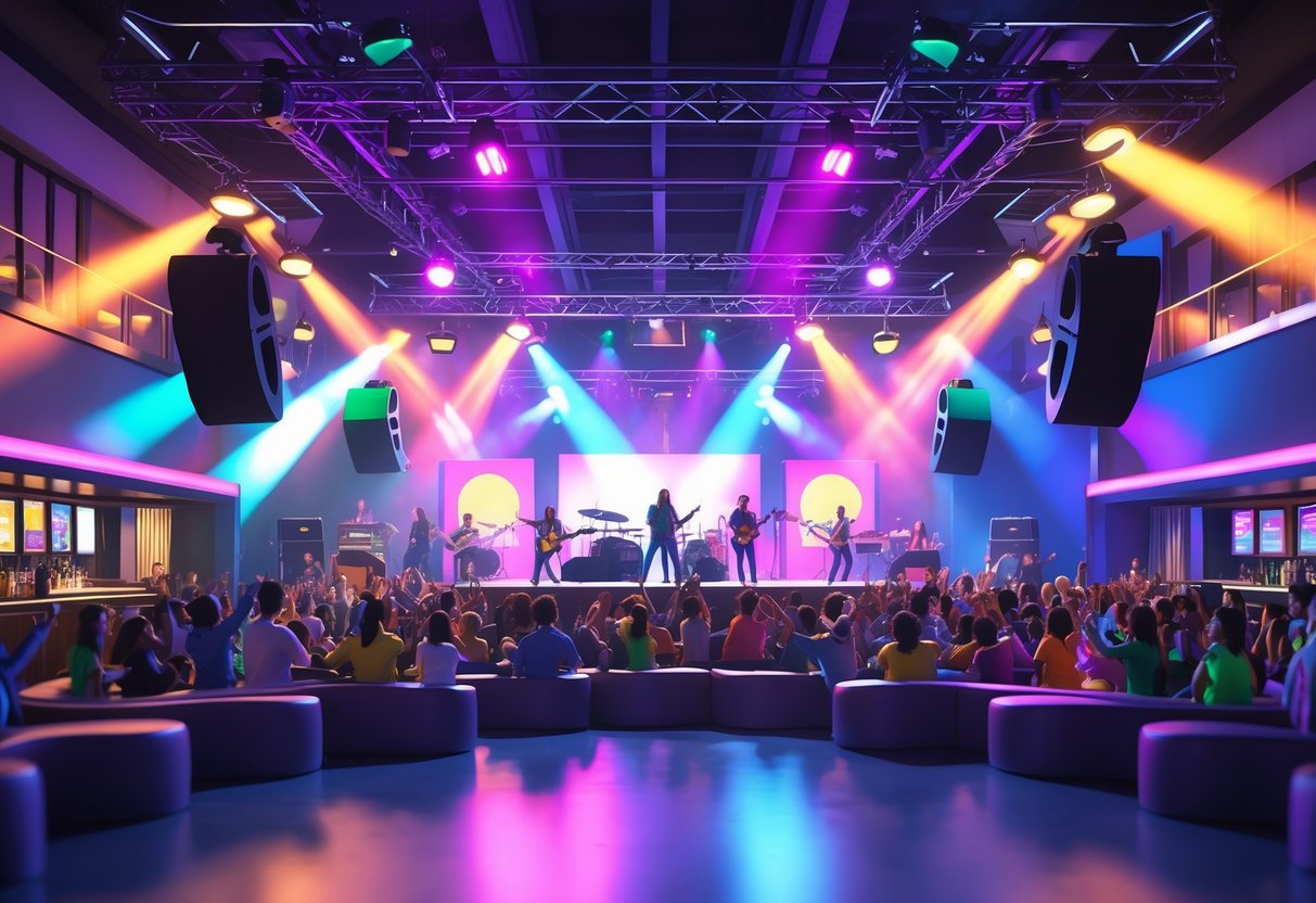 A lively indoor music venue with a band performing on stage and an engaged crowd enjoying the entertainment under colourful lights.