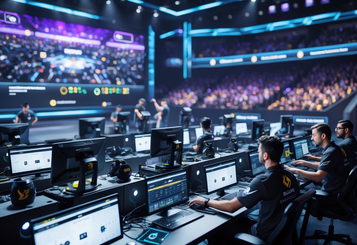 A busy esports control room with multiple cameras and monitors focused on a gaming stage, showing technicians adjusting equipment and a crowd in the background.