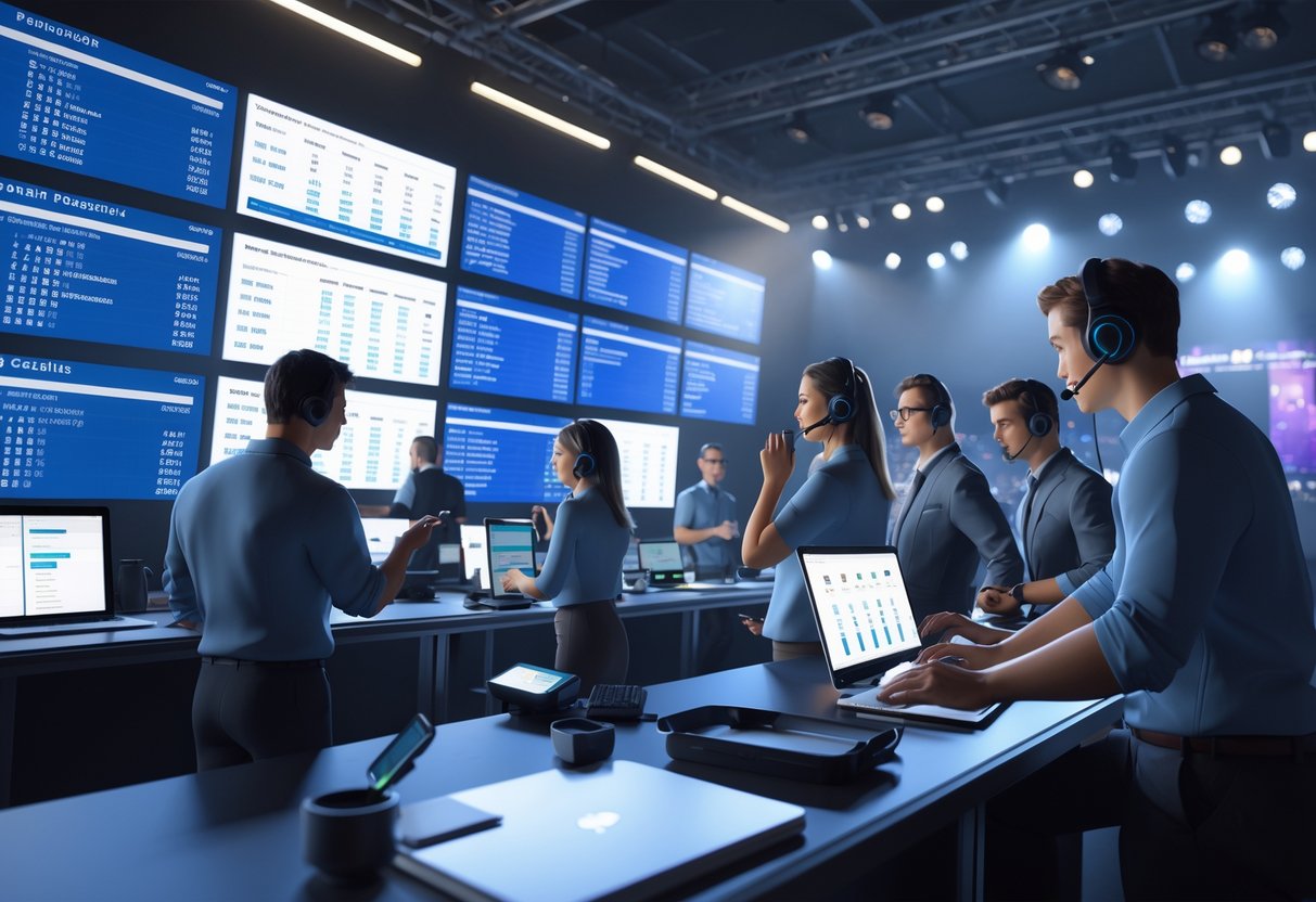 A team of people working in a control room with screens and equipment, preparing for an event before the show starts.