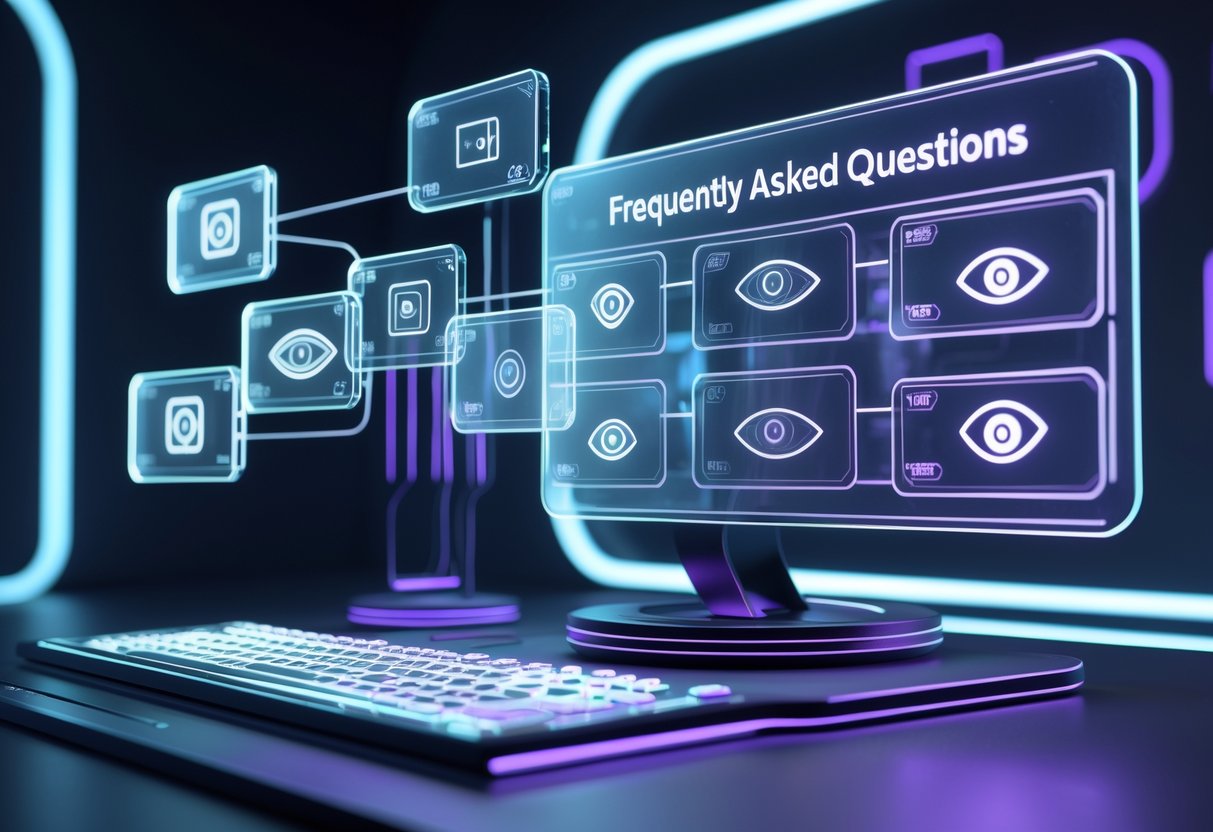 A 3D scene showing a futuristic digital interface with floating holographic screens displaying icons related to player cameras and an interactive FAQ menu in a dark, neon-lit environment.