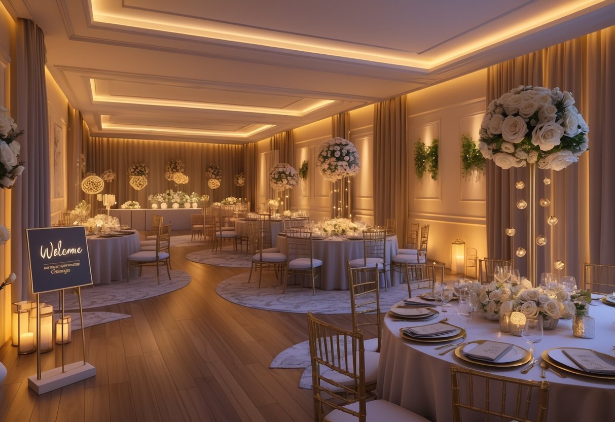 An elegant event venue interior with personalised decorations, customised table settings, floral arrangements, and warm ambient lighting creating a cosy and inviting atmosphere.