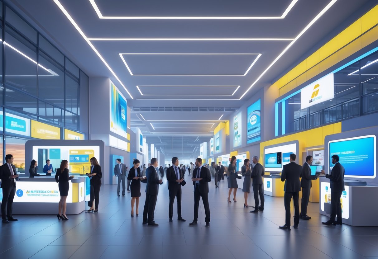 A busy exhibition hall lobby with professionals networking and preparing displays before a trade show.